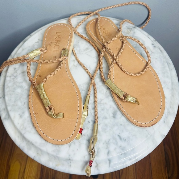L*SPACE by Cocobelle Gili Long Wrap Gladiator Braid Sandal in Tan & Gold - Picture 3 of 10